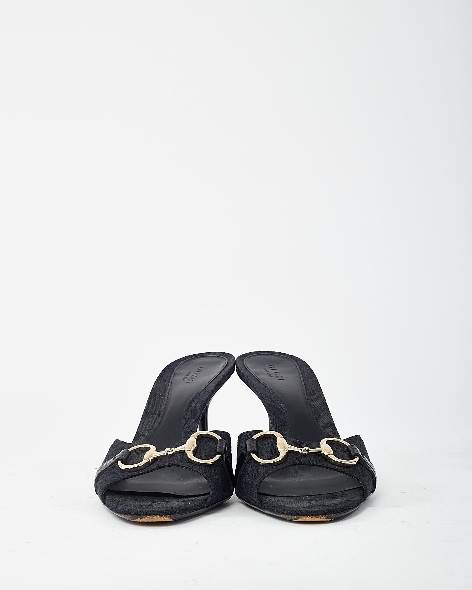 Gucci Black GG Monogram Canvas Open-Toe Gold Horsebit Mule Sandals - 40.5