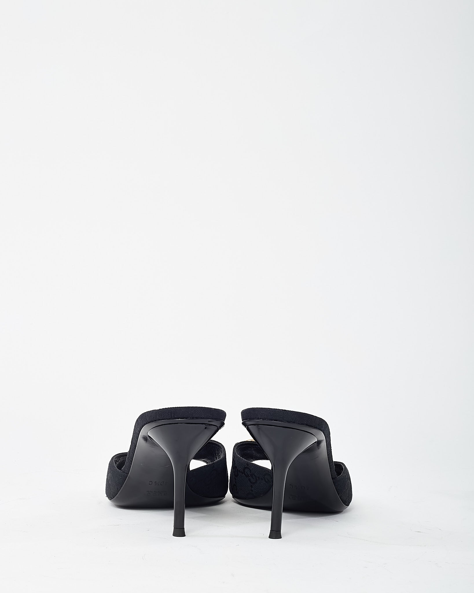 Gucci Black GG Monogram Canvas Open-Toe Gold Horsebit Mule Sandals - 40.5