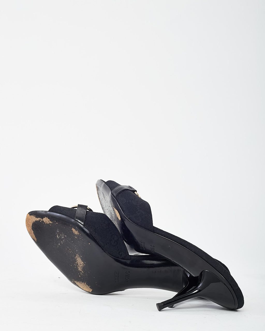 Gucci Black GG Monogram Canvas Open-Toe Gold Horsebit Mule Sandals - 40.5
