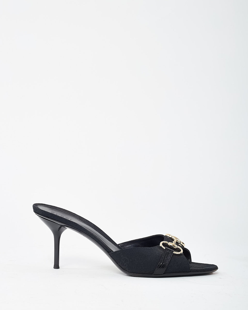 Gucci Black GG Monogram Canvas Open-Toe Gold Horsebit Mule Sandals - 40.5