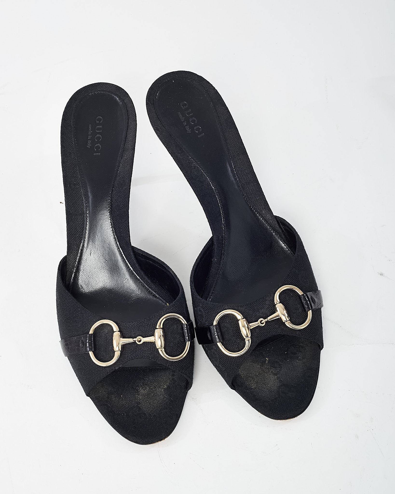 Gucci Black GG Monogram Canvas Open-Toe Gold Horsebit Mule Sandals - 40.5