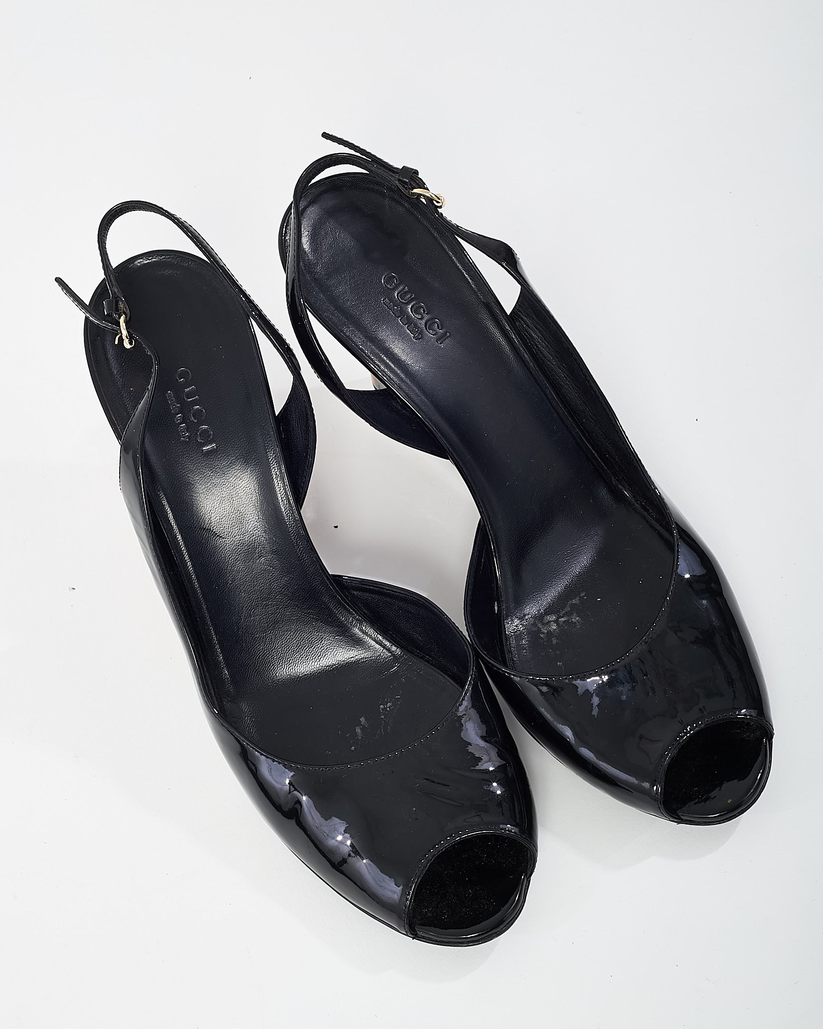 Gucci Vintage Black Patent Leather and GG Logo Tortoise Wedges - 40.5