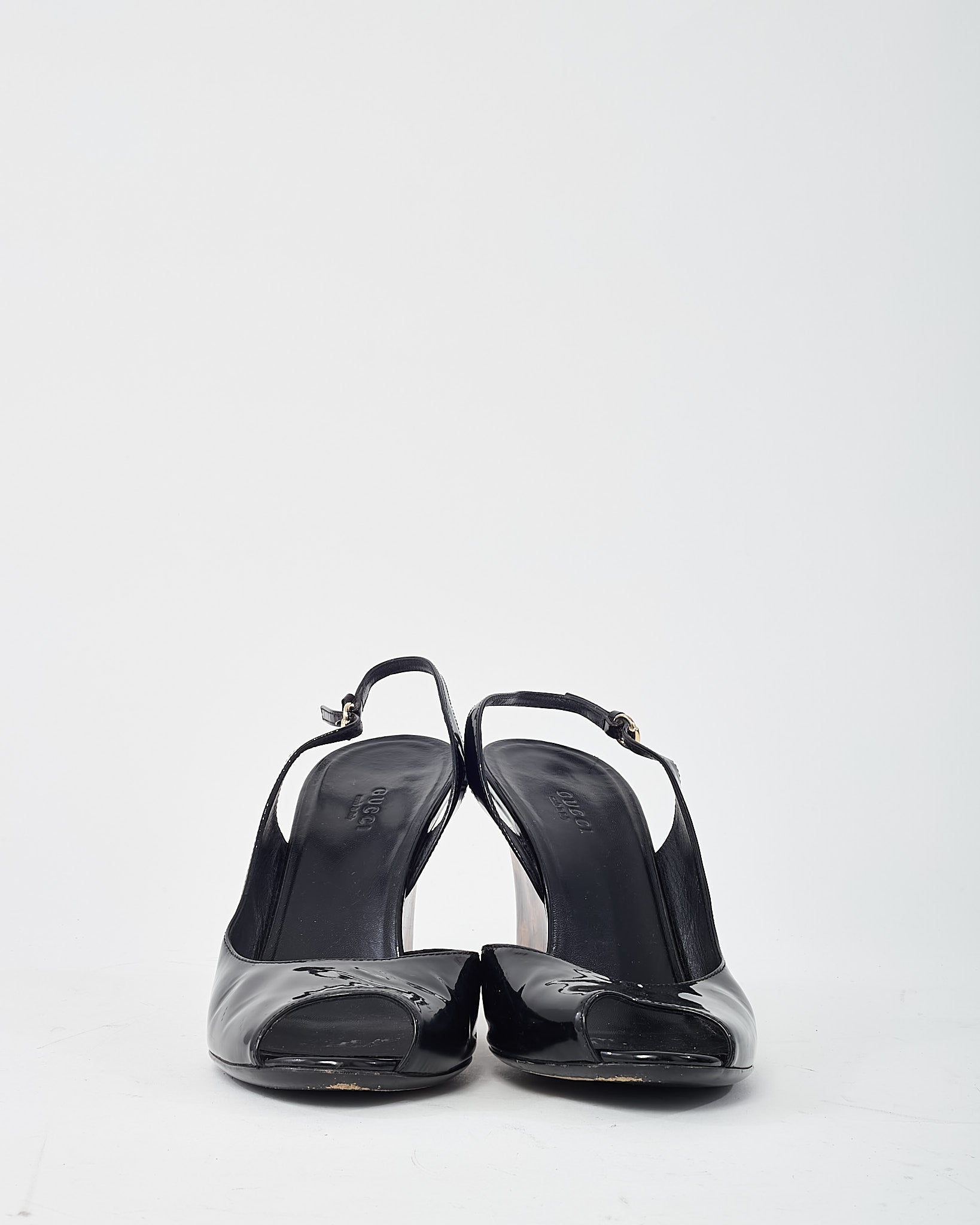 Gucci Vintage Black Patent Leather and GG Logo Tortoise Wedges - 40.5