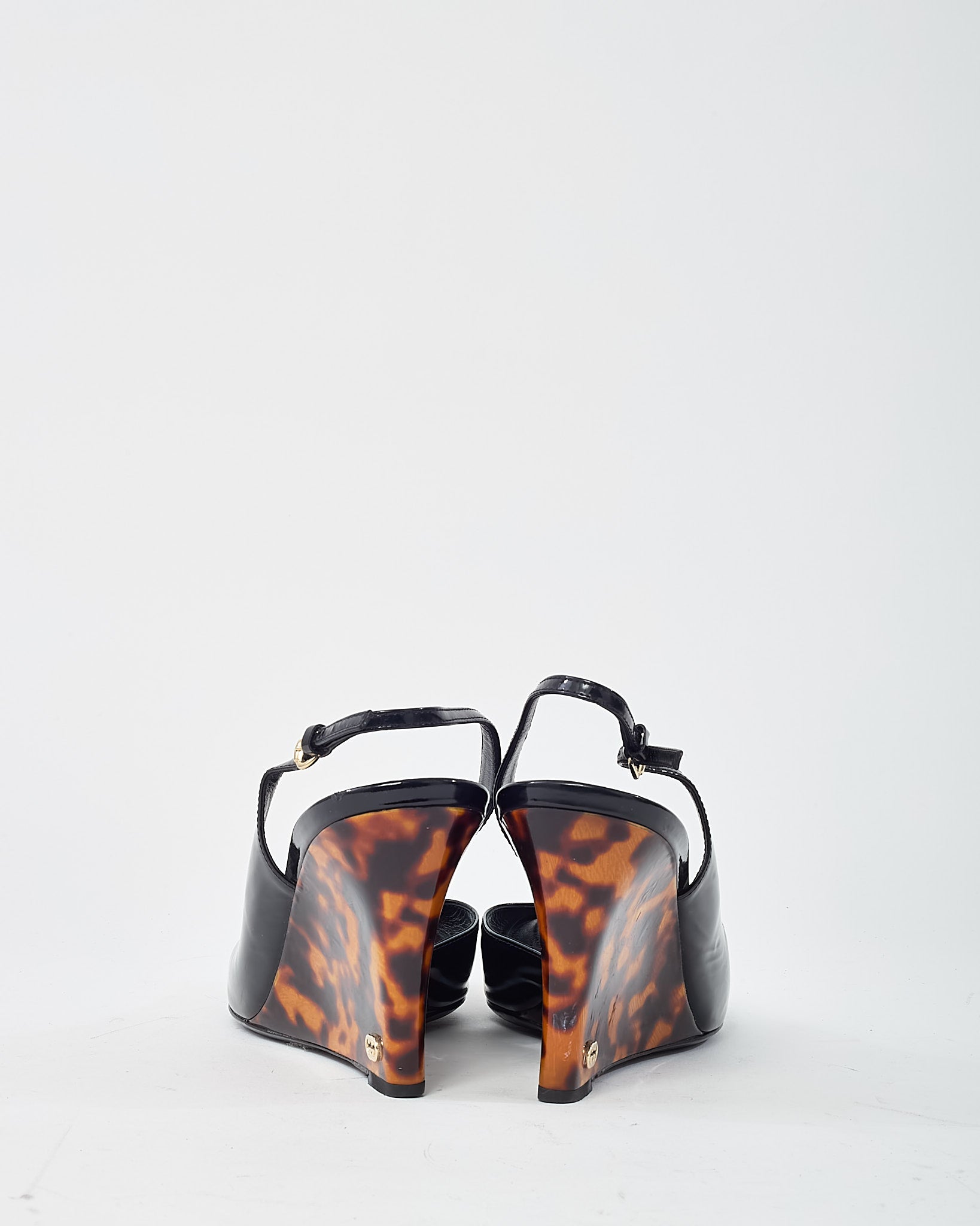 Gucci Vintage Black Patent Leather and GG Logo Tortoise Wedges - 40.5