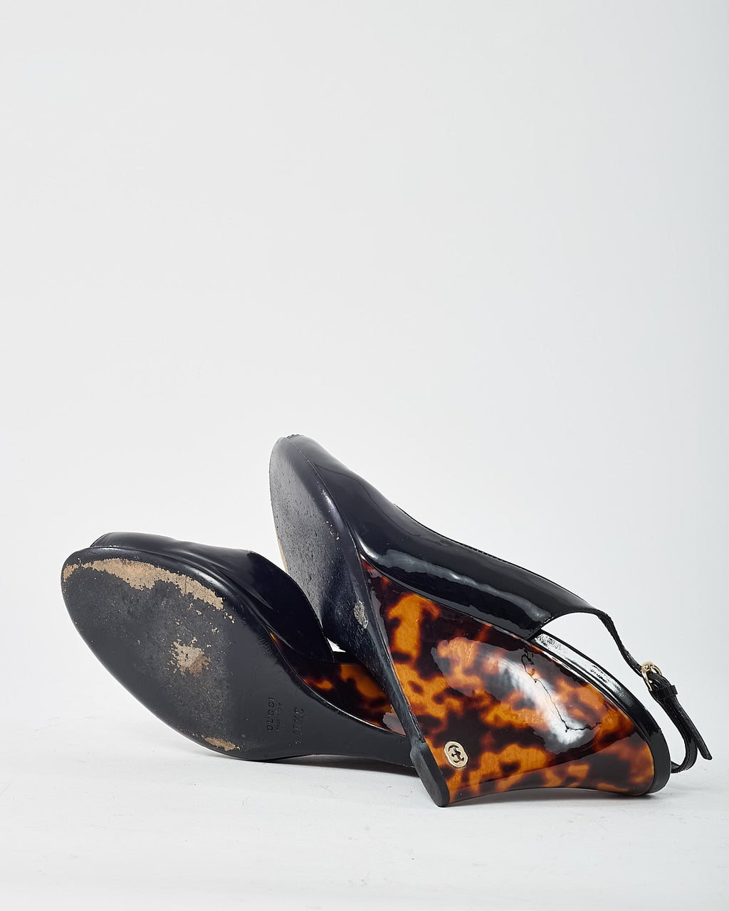 Gucci Vintage Black Patent Leather and GG Logo Tortoise Wedges - 40.5