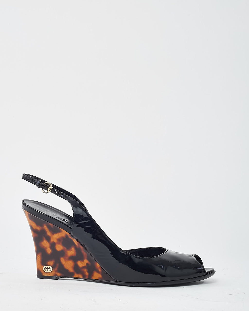 Gucci Vintage Black Patent Leather and GG Logo Tortoise Wedges - 40.5