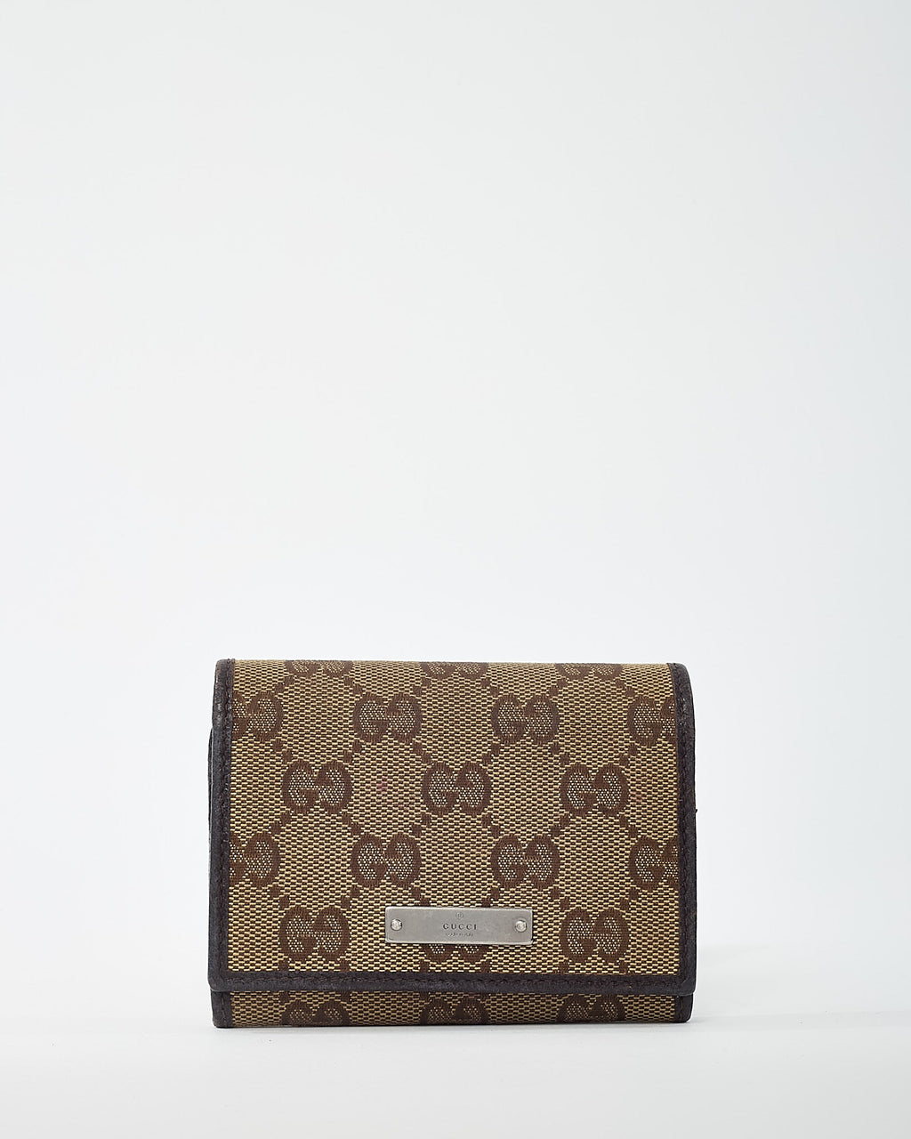 Gucci Dark Brown Leather and Beige and Brown GG Monogram Canvas Card Case Wallet