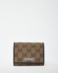 Gucci Dark Brown Leather and Beige and Brown GG Monogram Canvas Card Case Wallet