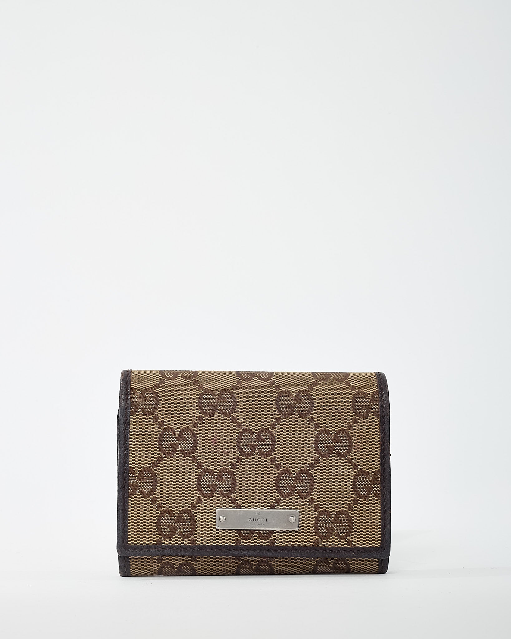 Gucci Dark Brown Leather and Beige and Brown GG Monogram Canvas Card Case Wallet