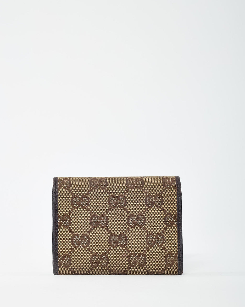 Gucci Dark Brown Leather and Beige and Brown GG Monogram Canvas Card Case Wallet