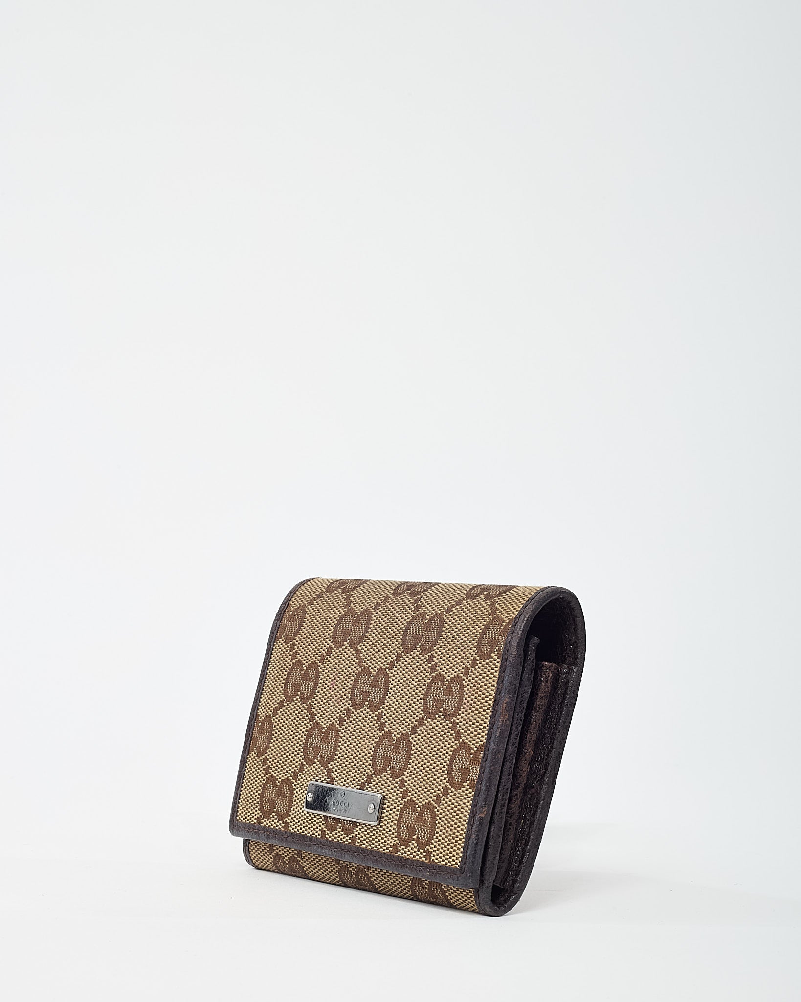 Gucci Dark Brown Leather and Beige and Brown GG Monogram Canvas Card Case Wallet