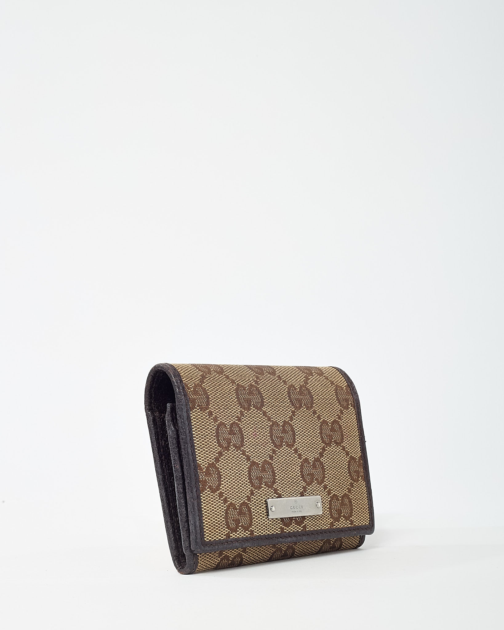 Gucci Dark Brown Leather and Beige and Brown GG Monogram Canvas Card Case Wallet
