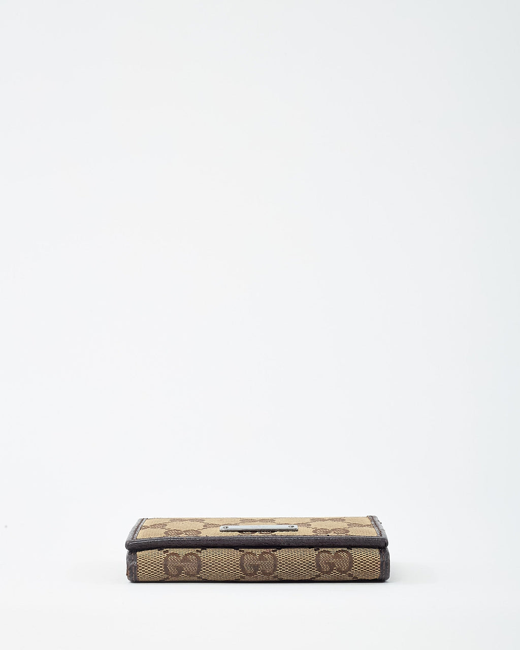 Gucci Dark Brown Leather and Beige and Brown GG Monogram Canvas Card Case Wallet
