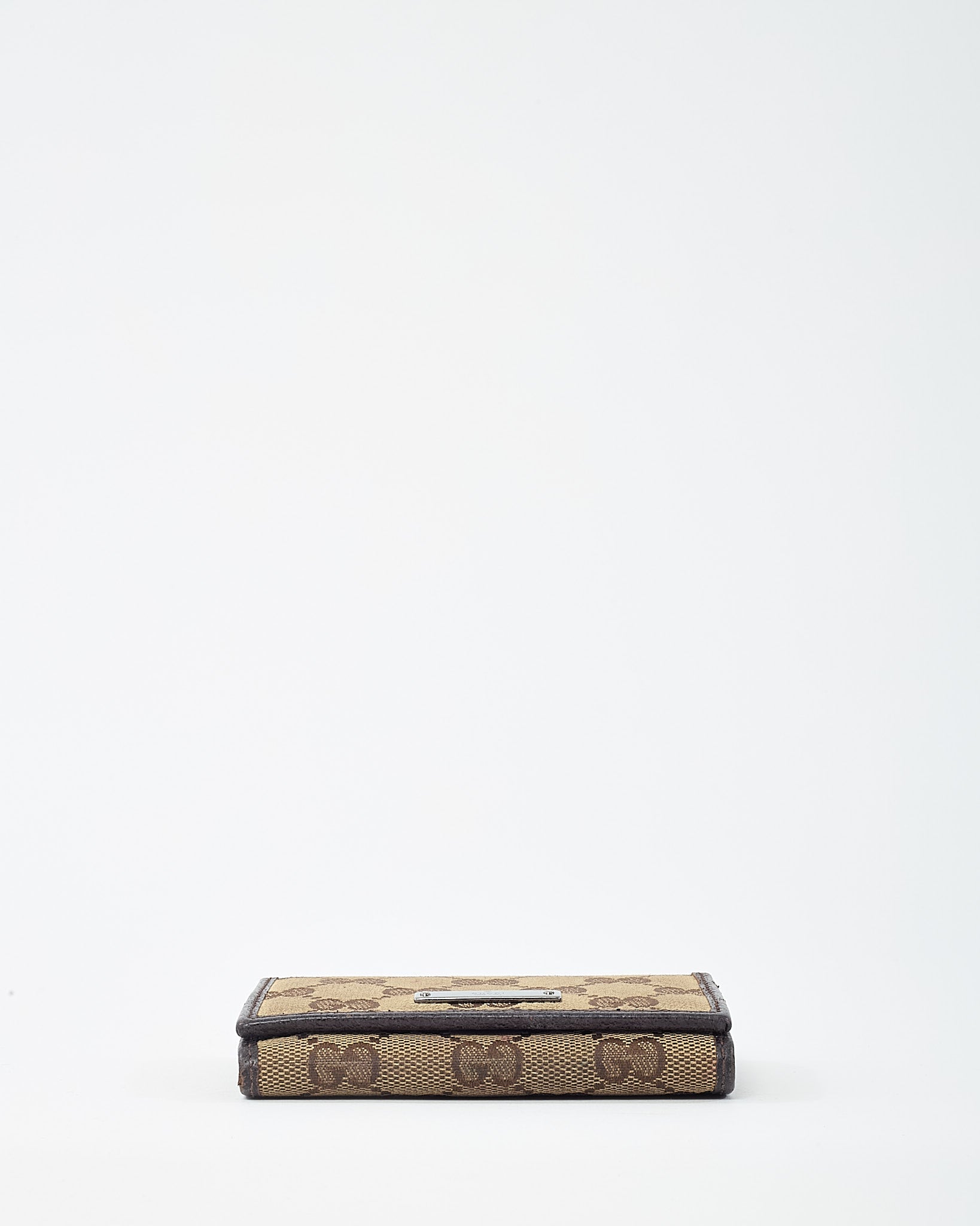 Gucci Dark Brown Leather and Beige and Brown GG Monogram Canvas Card Case Wallet