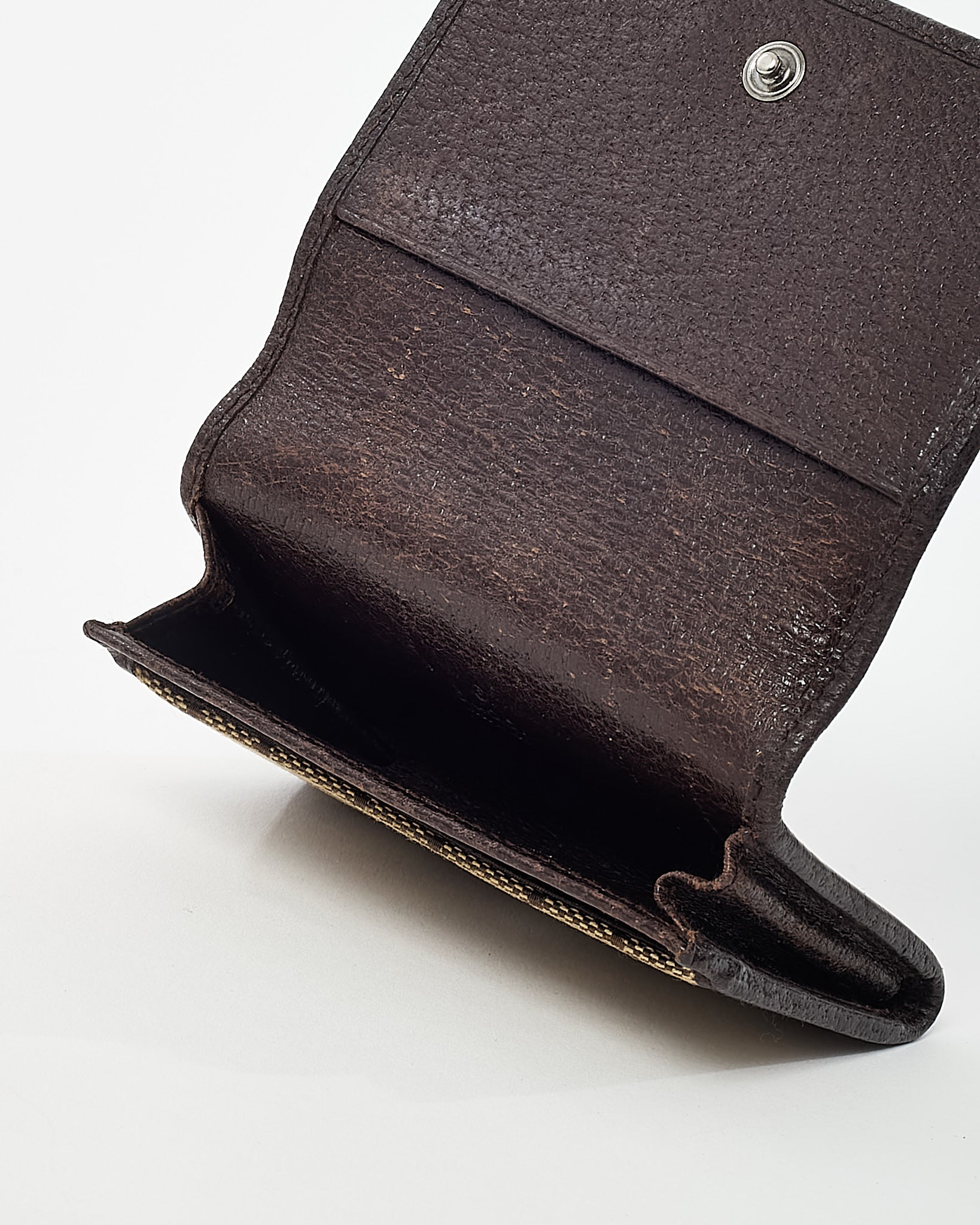 Gucci Dark Brown Leather and Beige and Brown GG Monogram Canvas Card Case Wallet