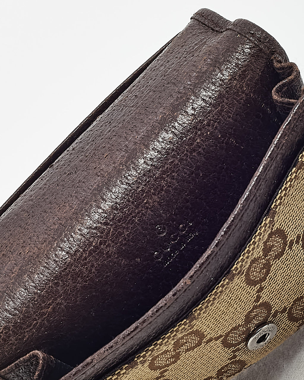 Gucci Dark Brown Leather and Beige and Brown GG Monogram Canvas Card Case Wallet