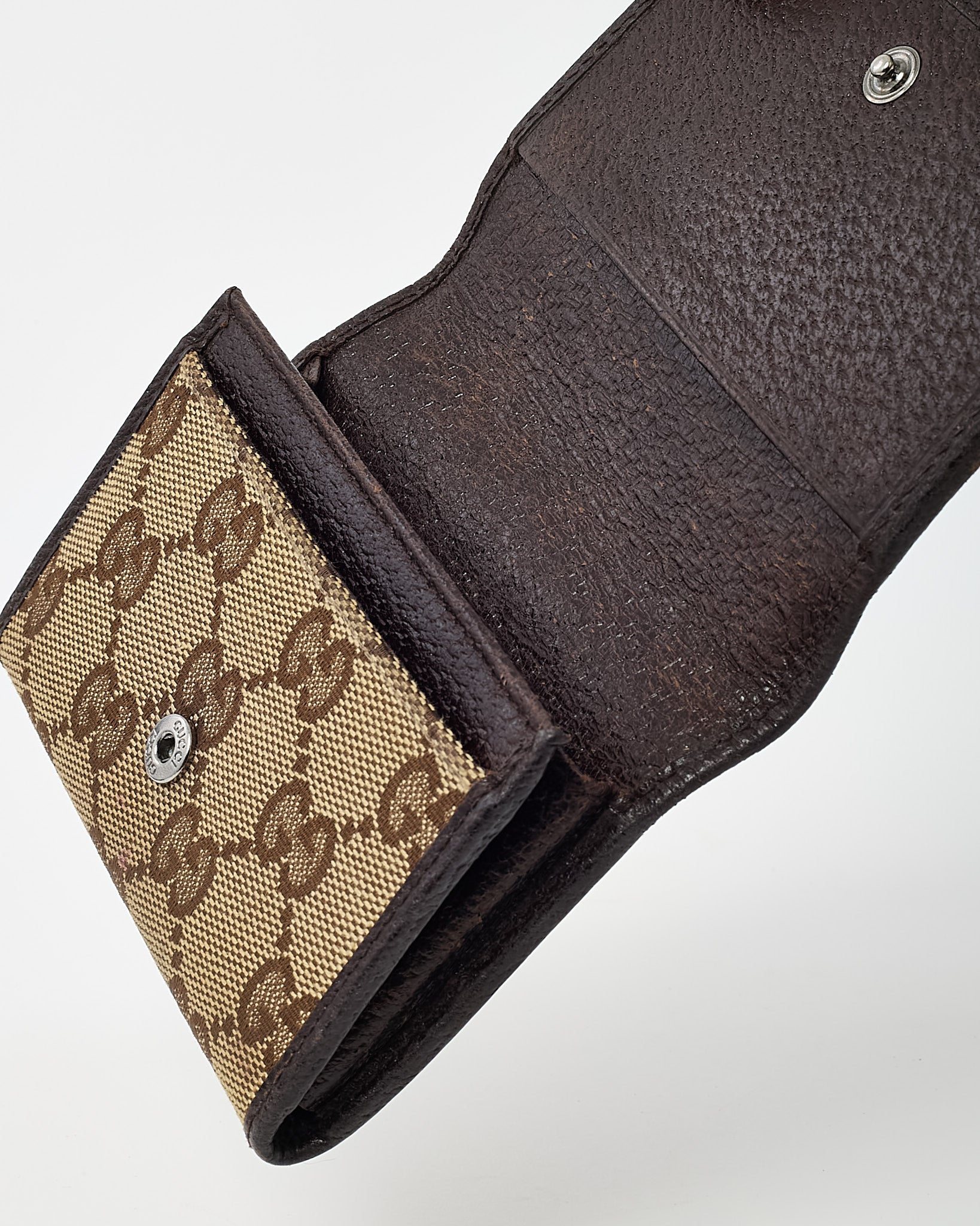 Gucci Dark Brown Leather and Beige and Brown GG Monogram Canvas Card Case Wallet