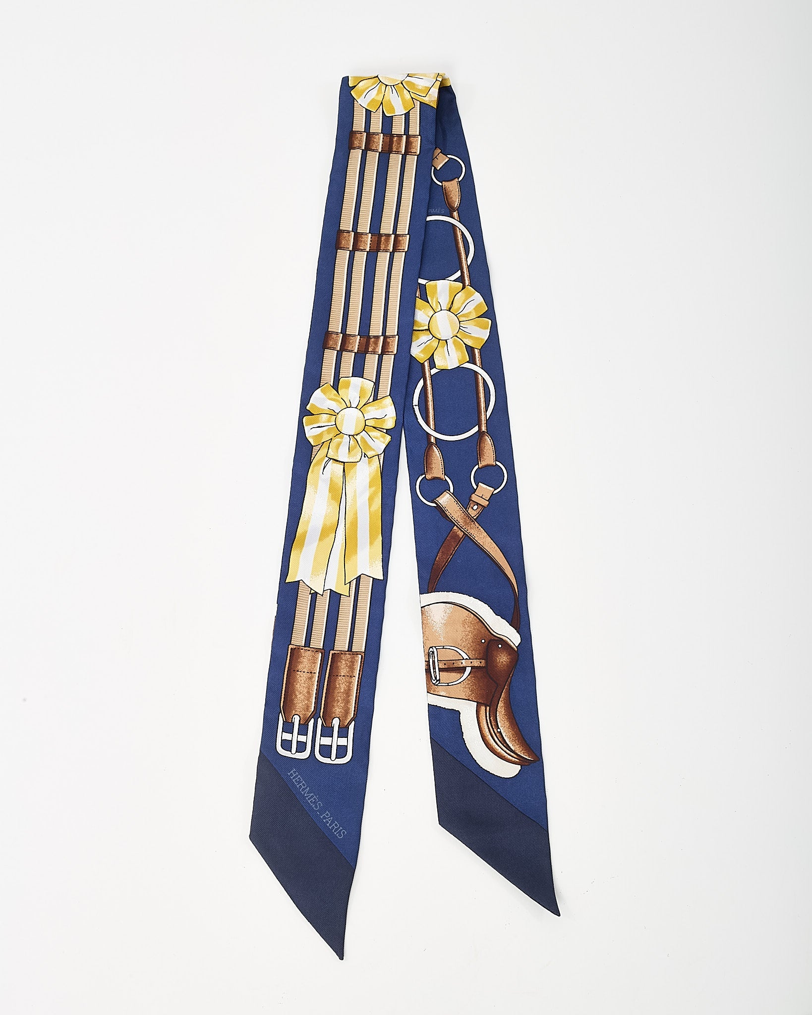 Hermès Navy/Gold/Brown Multi "Jumping" Silk Twilly Scarf