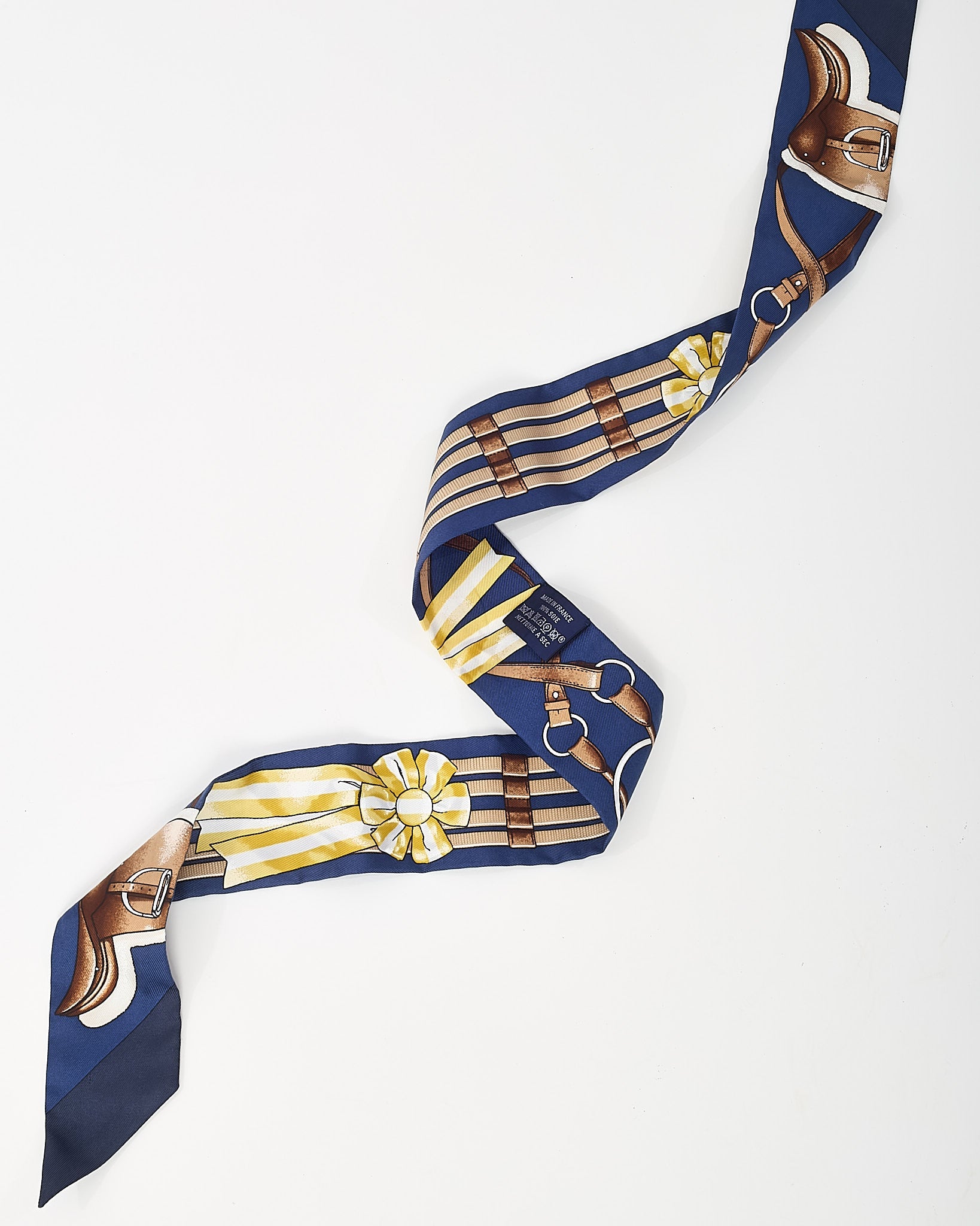Hermès Navy/Gold/Brown Multi "Jumping" Silk Twilly Scarf