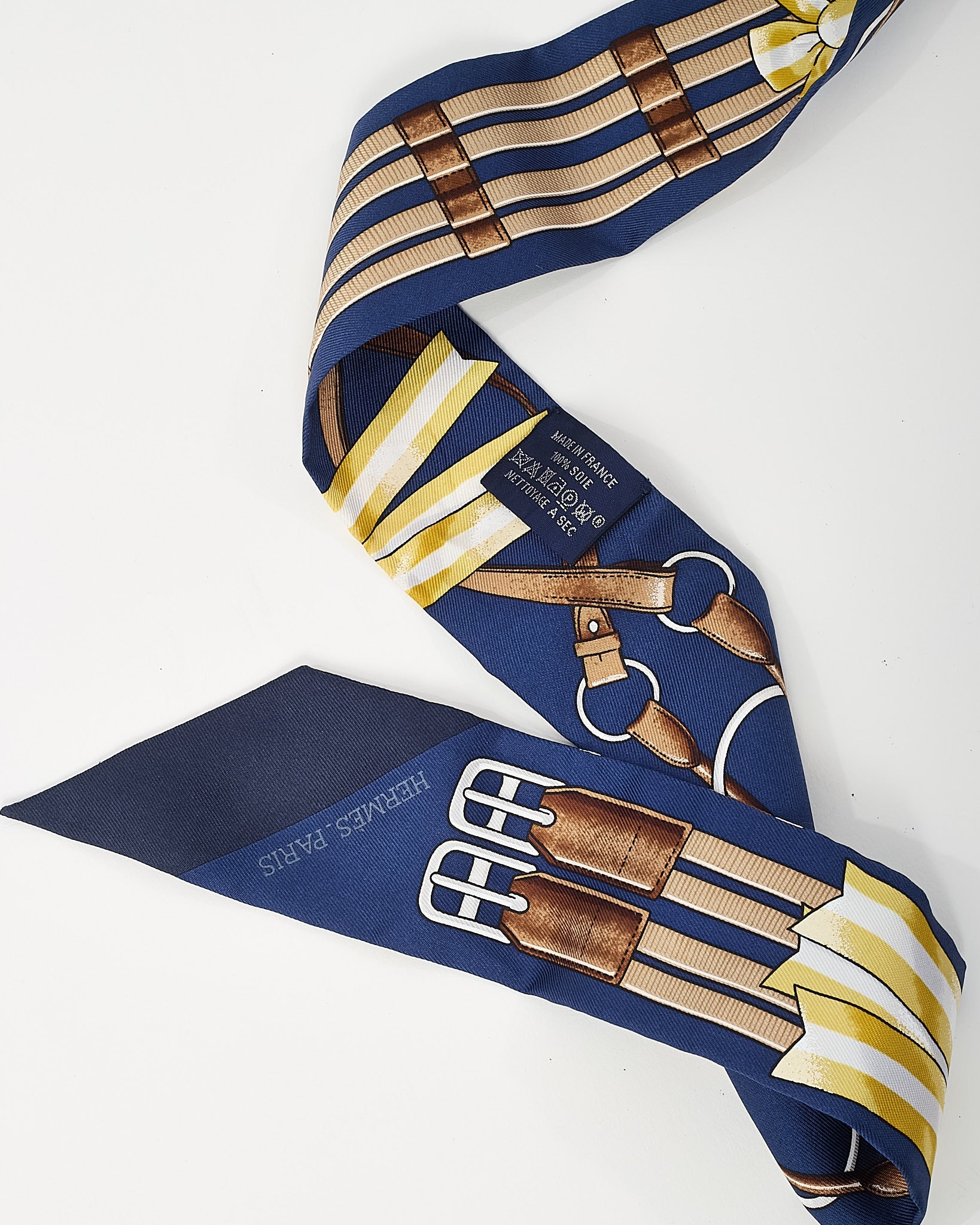 Hermès Navy/Gold/Brown Multi "Jumping" Silk Twilly Scarf