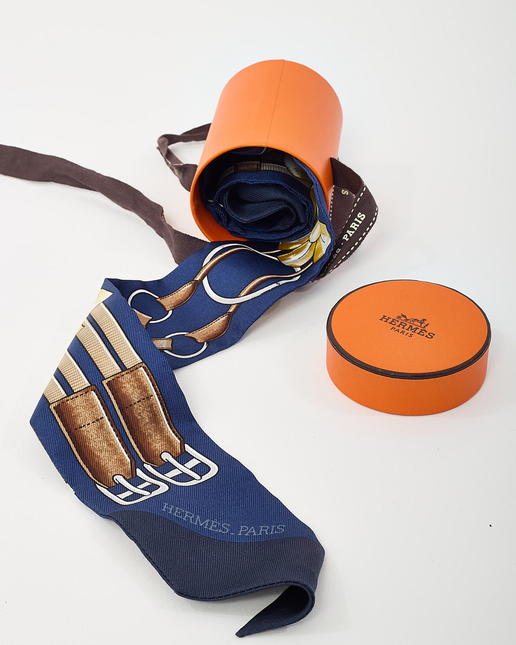 Hermès Navy/Gold/Brown Multi "Jumping" Silk Twilly Scarf
