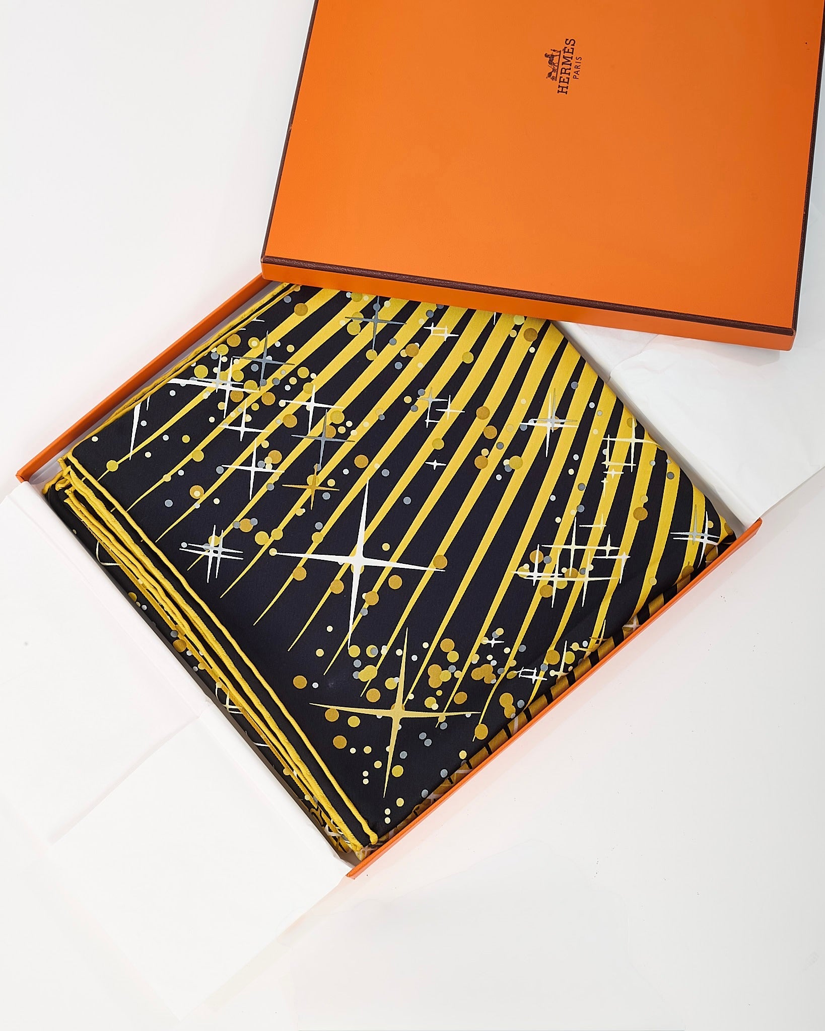 Hermès Black and Gold Multi "Magic Kelly" Silk Printed 90cm Scarf