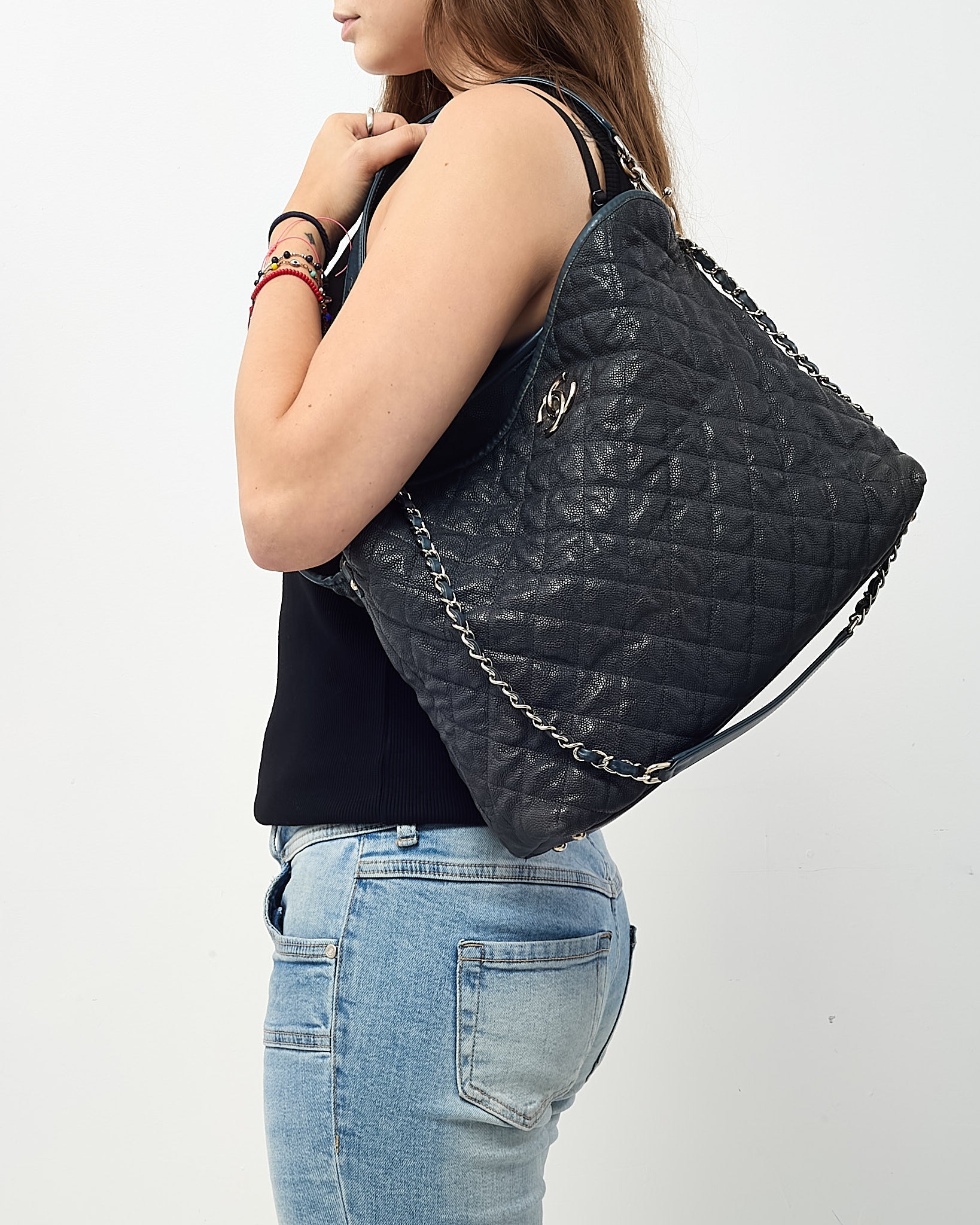 Chanel Navy Quilted Caviar Leather French Riviera 2Way Hobo Shoulder Bag