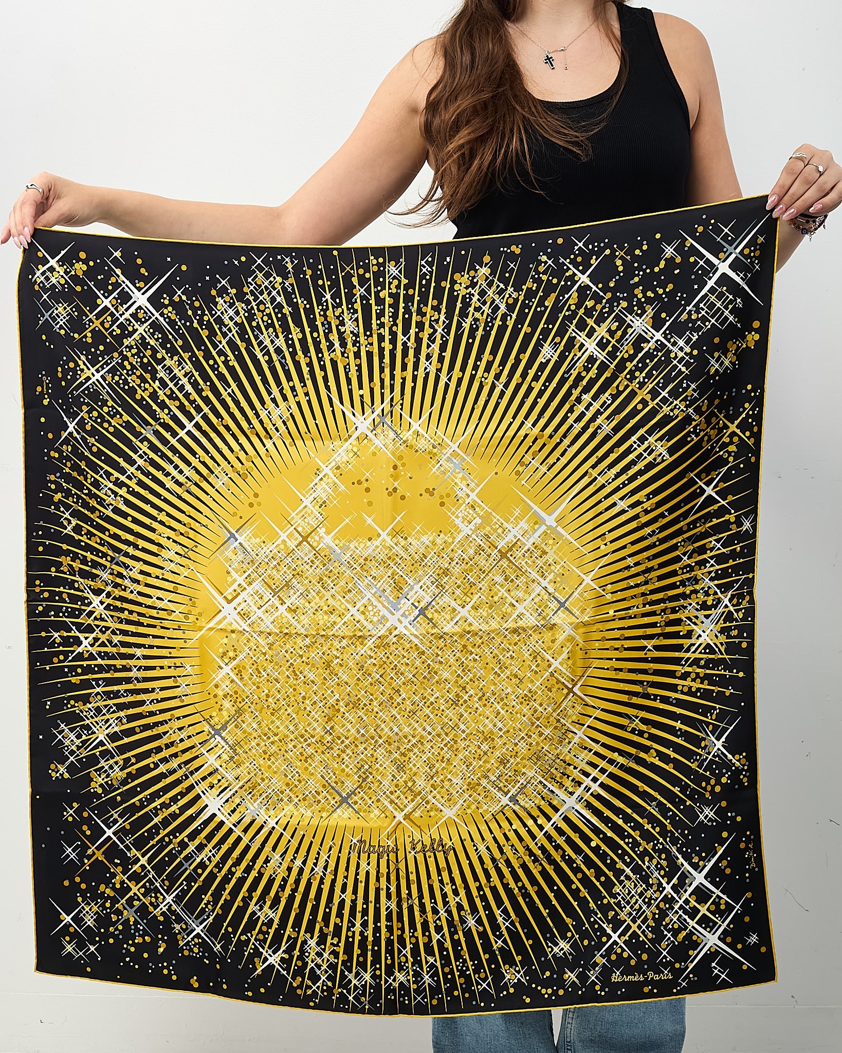 Hermès Black and Gold Multi "Magic Kelly" Silk Printed 90cm Scarf