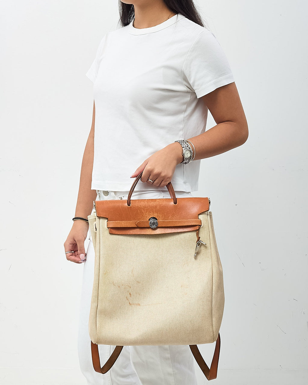 Hermès Beige Natural Toile Vache Calfskin Herbag 30 PM Backpack