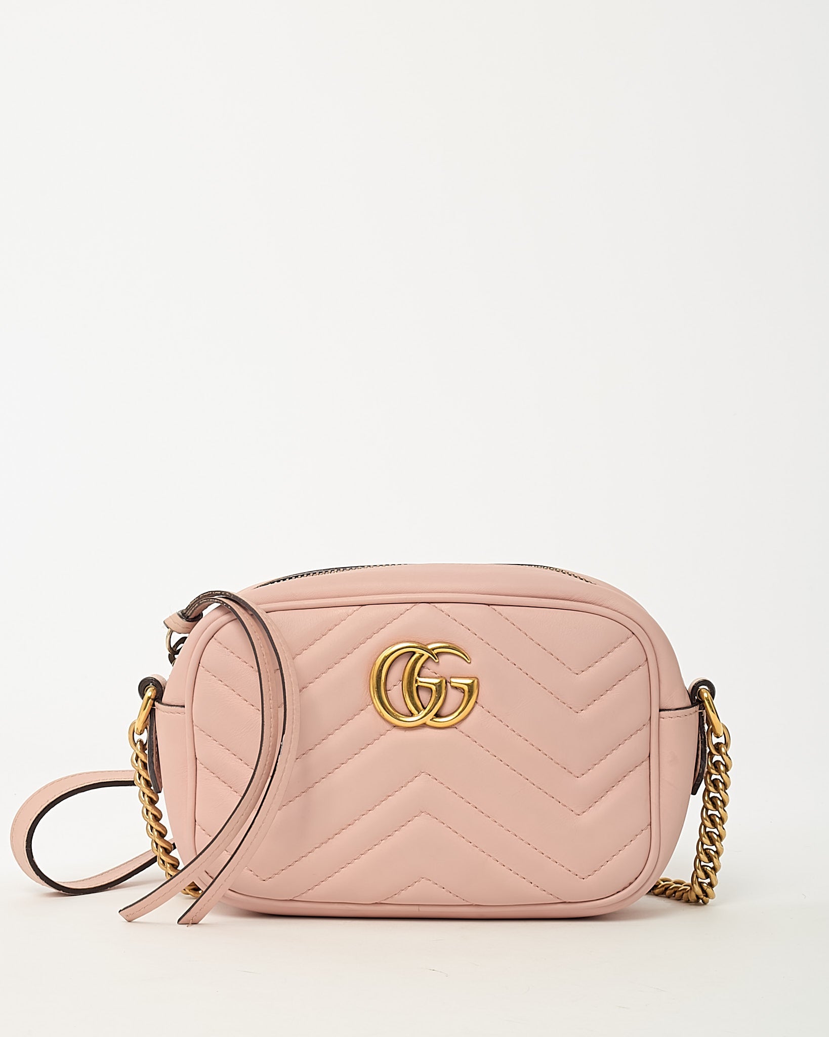 Gucci Pink Chevron Leather Mini Marmont Camera Bag GHW