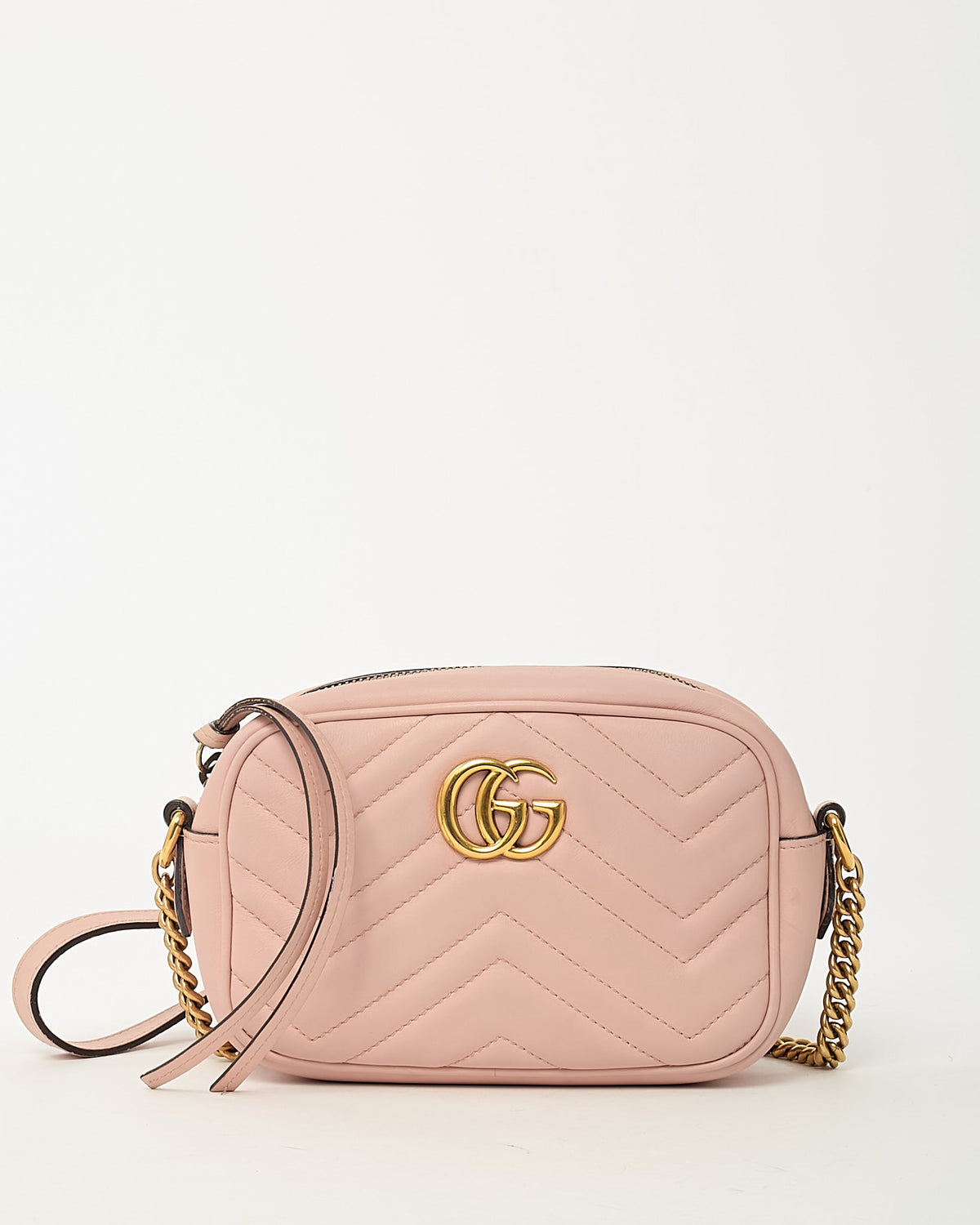 Gucci Pink Chevron Leather Mini Marmont Camera Bag GHW