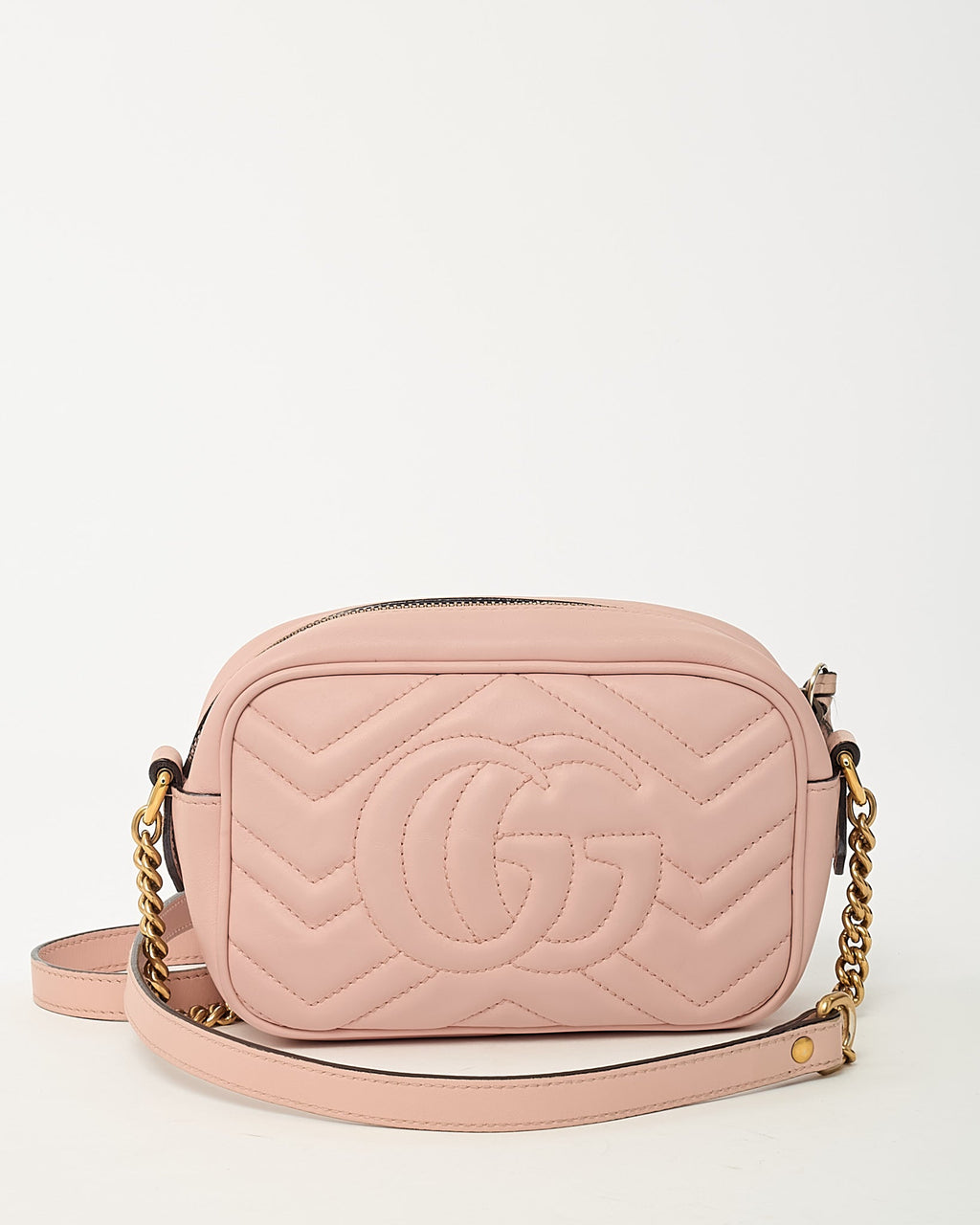 Gucci Pink Chevron Leather Mini Marmont Camera Bag GHW