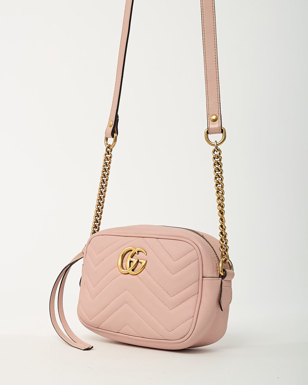 Gucci Pink Chevron Leather Mini Marmont Camera Bag GHW