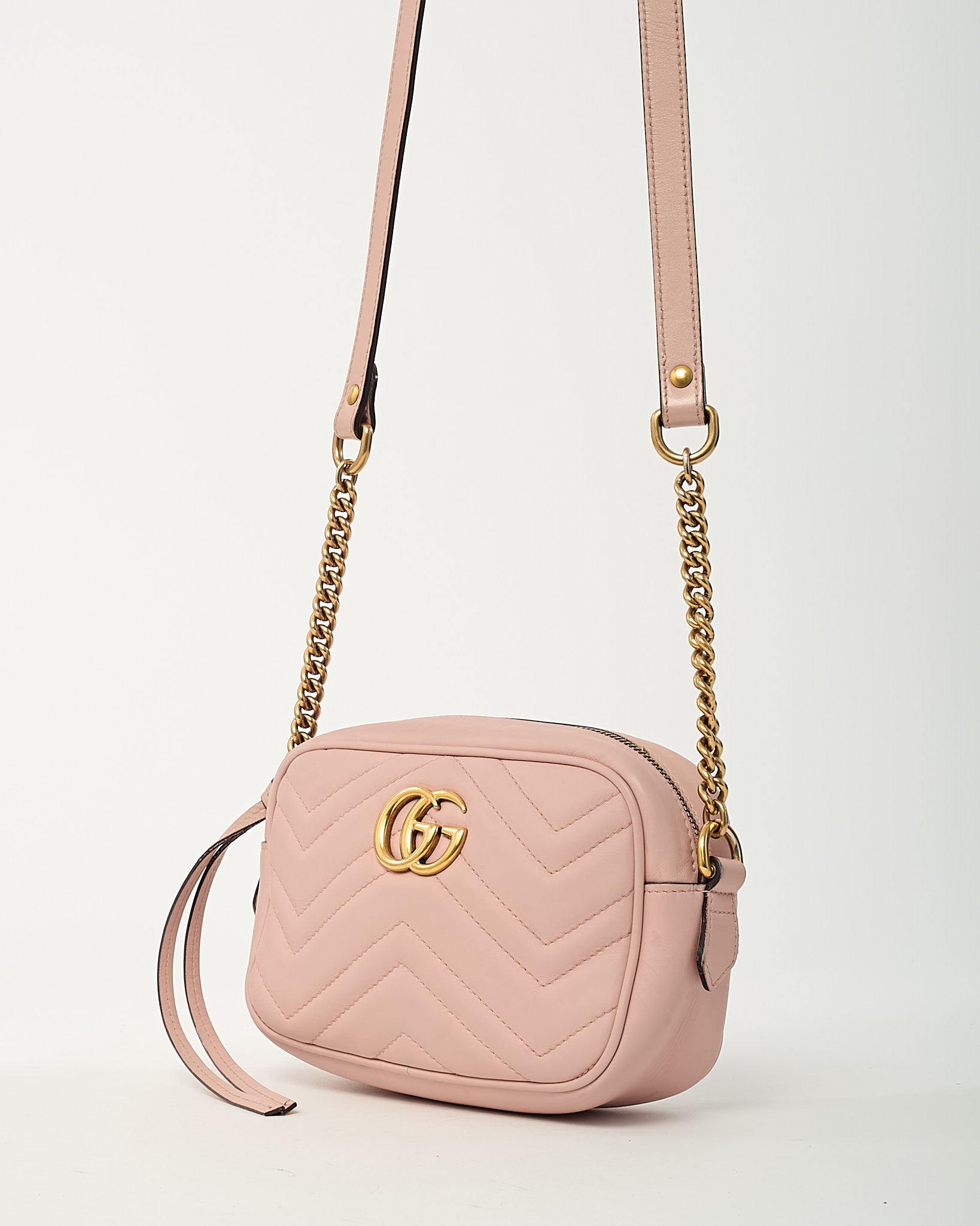 Gucci Pink Chevron Leather Mini Marmont Camera Bag GHW