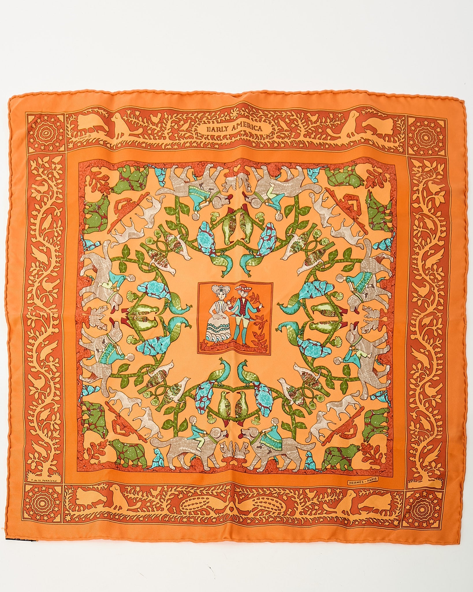 Hermès Orange/Blue/Green/ Multi Animal "Early America" Silk Printed 45cm Scarf