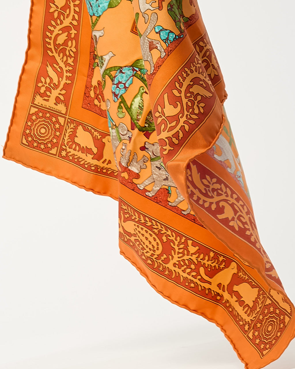 Hermès Orange/Blue/Green/ Multi Animal "Early America" Silk Printed 45cm Scarf