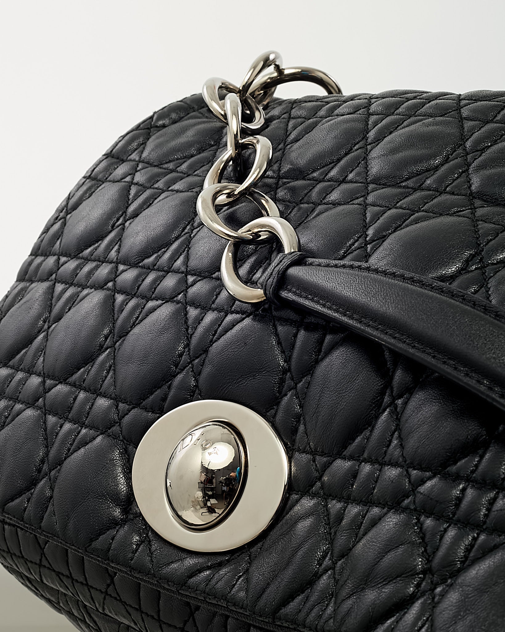 Dior Black Cannage Leather Medium Rendezvous Chain Shoulder Bag