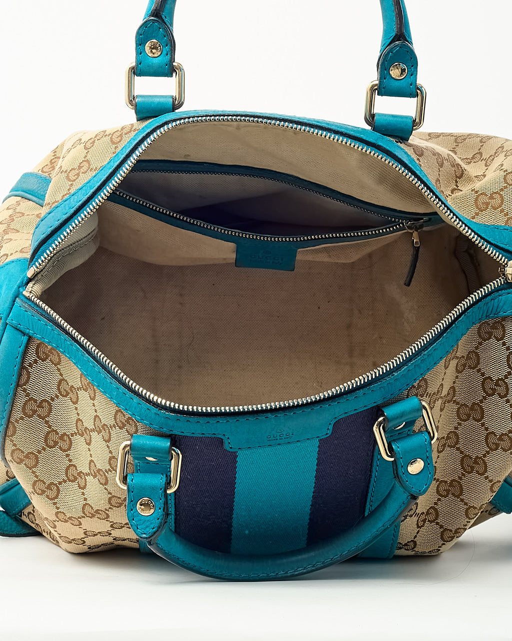 Gucci Blue Leather and Beige GG Monogram Canvas Blue Web Joy Boston Bag with Strap