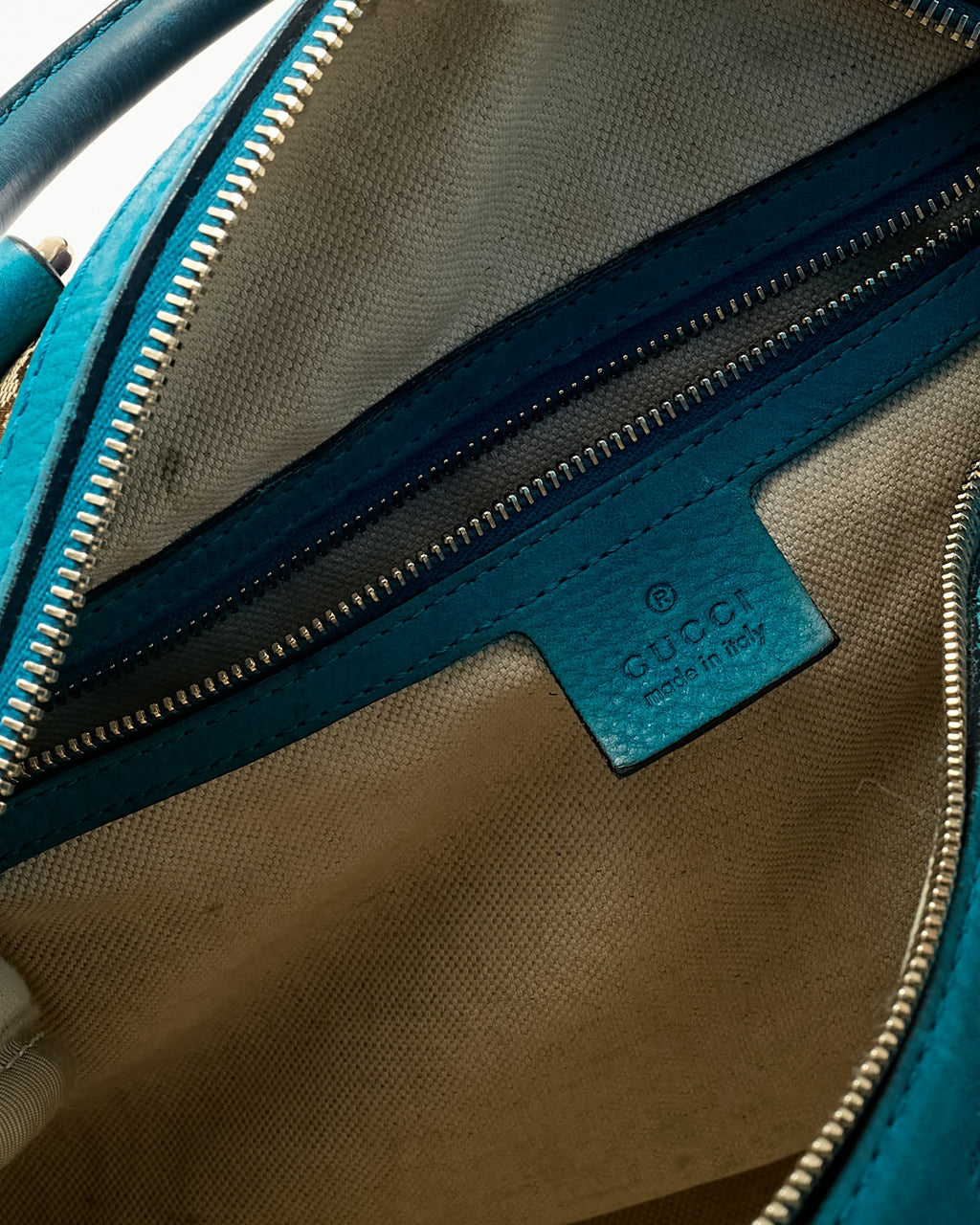 Gucci Blue Leather and Beige GG Monogram Canvas Blue Web Joy Boston Bag with Strap