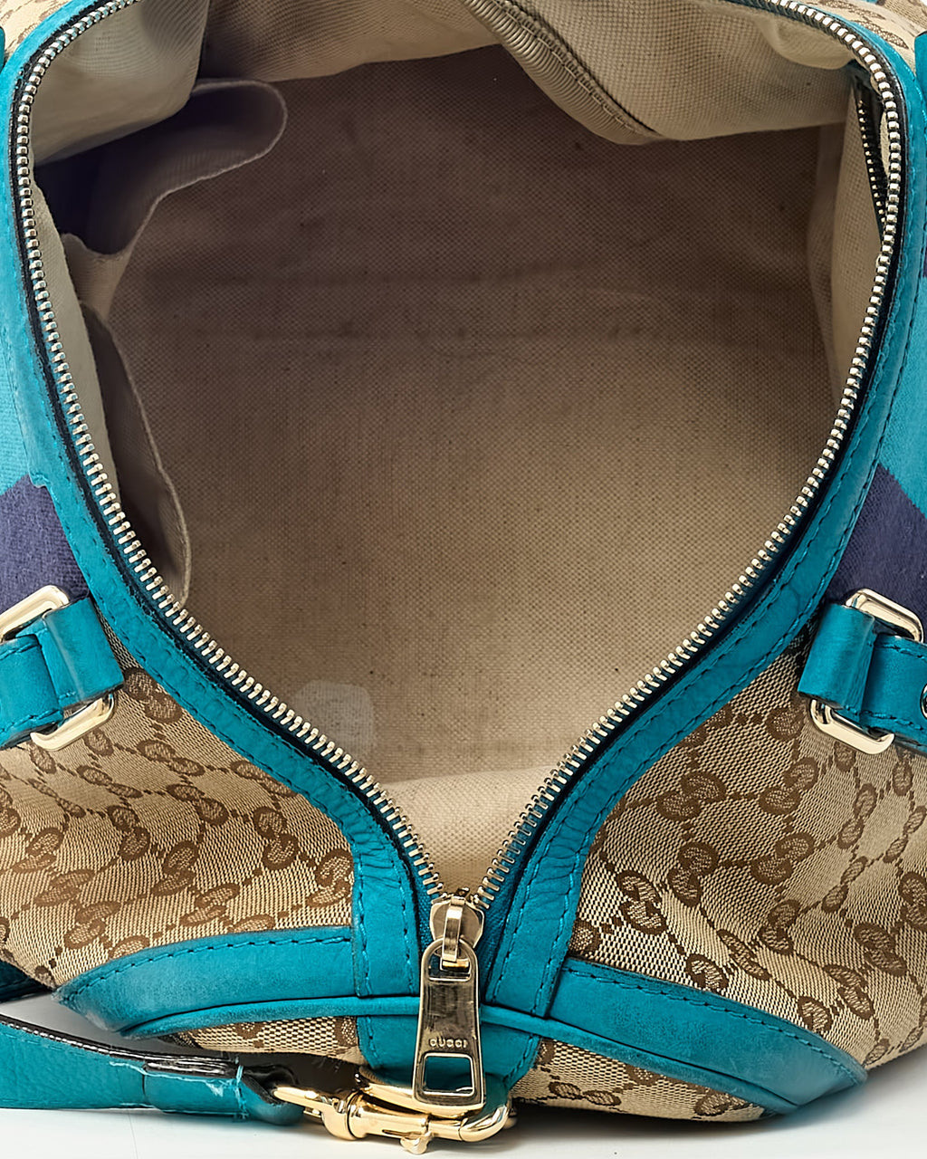Gucci Blue Leather and Beige GG Monogram Canvas Blue Web Joy Boston Bag with Strap