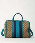Gucci Blue Leather and Beige GG Monogram Canvas Blue Web Joy Boston Bag with Strap