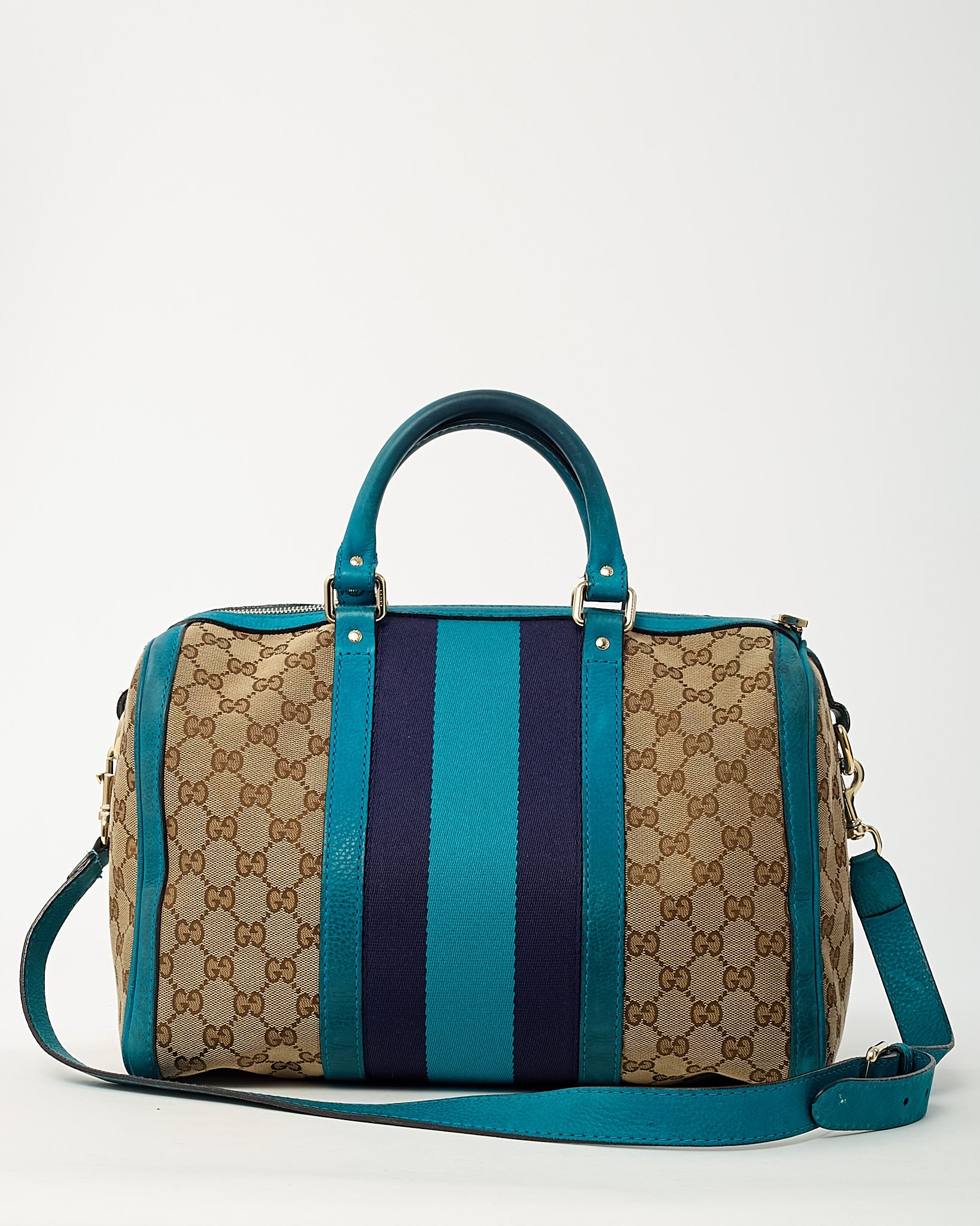 Gucci Blue Leather and Beige GG Monogram Canvas Blue Web Joy Boston Bag with Strap