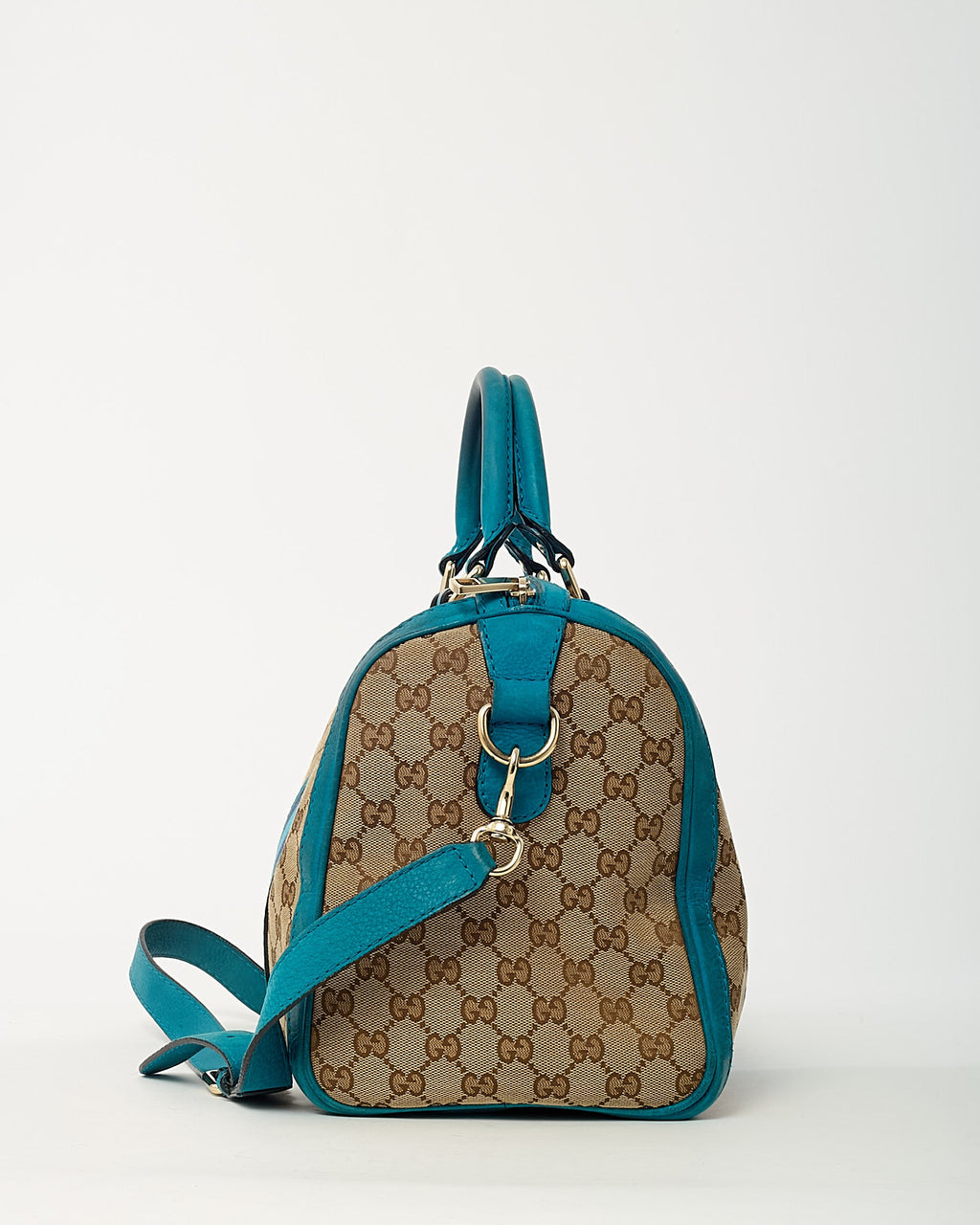 Gucci Blue Leather and Beige GG Monogram Canvas Blue Web Joy Boston Bag with Strap