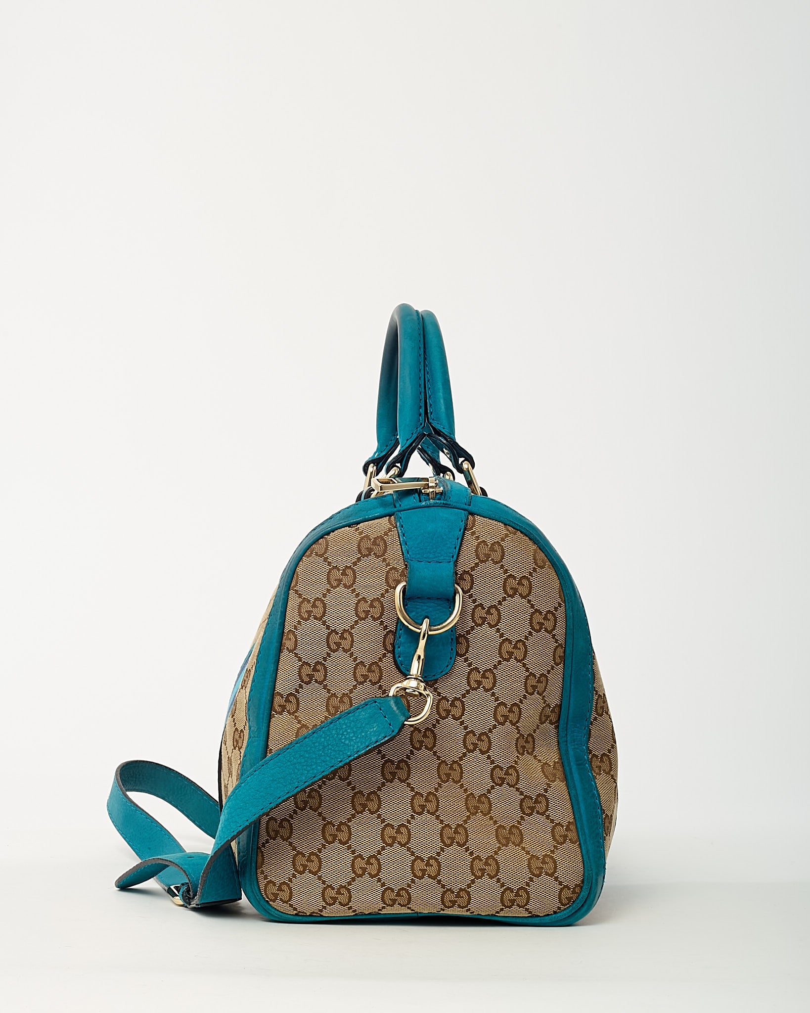 Gucci Blue Leather and Beige GG Monogram Canvas Blue Web Joy Boston Bag with Strap