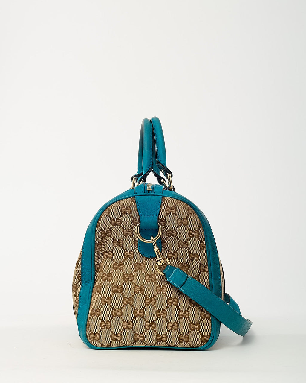 Gucci Blue Leather and Beige GG Monogram Canvas Blue Web Joy Boston Bag with Strap