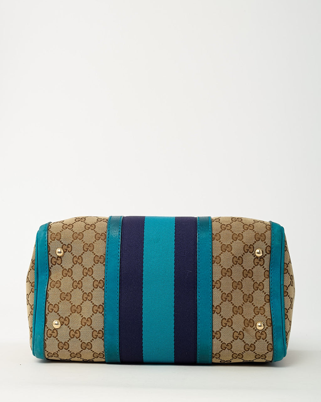 Gucci Blue Leather and Beige GG Monogram Canvas Blue Web Joy Boston Bag with Strap
