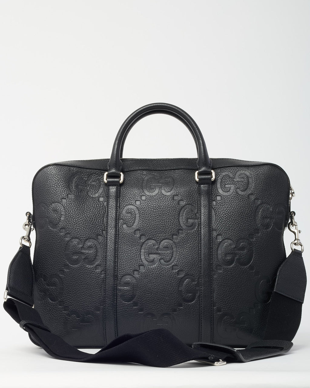 Gucci Black Jumbo GG Monogram Embossed Leather Briefcase with Strap