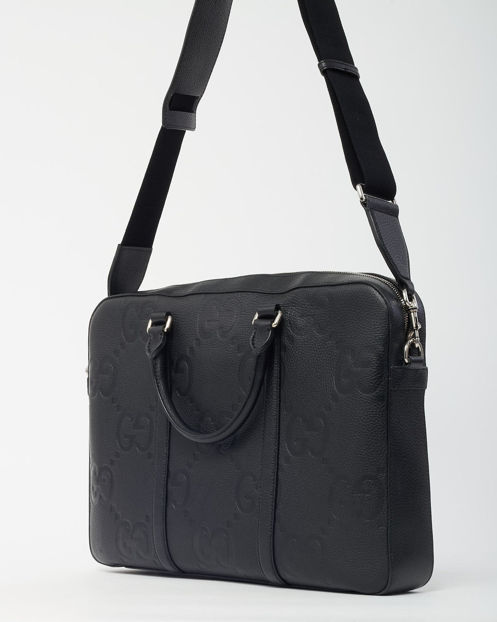 Gucci Black Jumbo GG Monogram Embossed Leather Briefcase with Strap