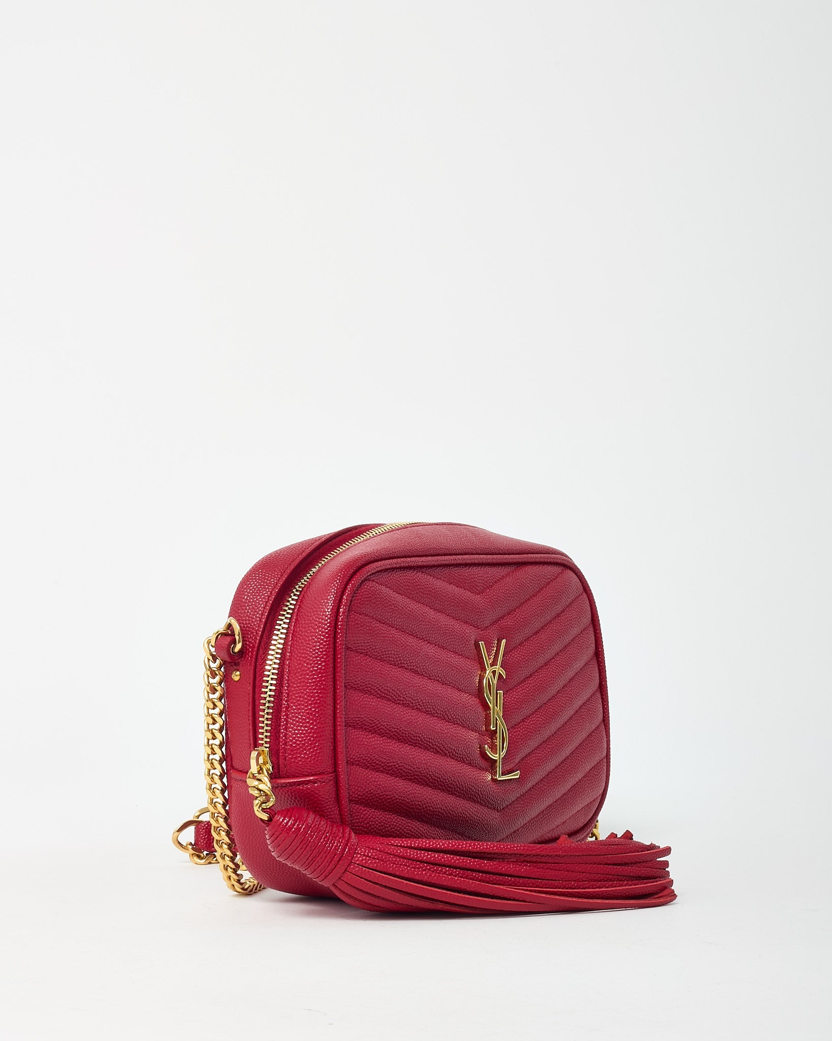 Saint Laurent Red Chevron Grain De Poudre YSL Mini Lou Chain Crossbody Bag GHW