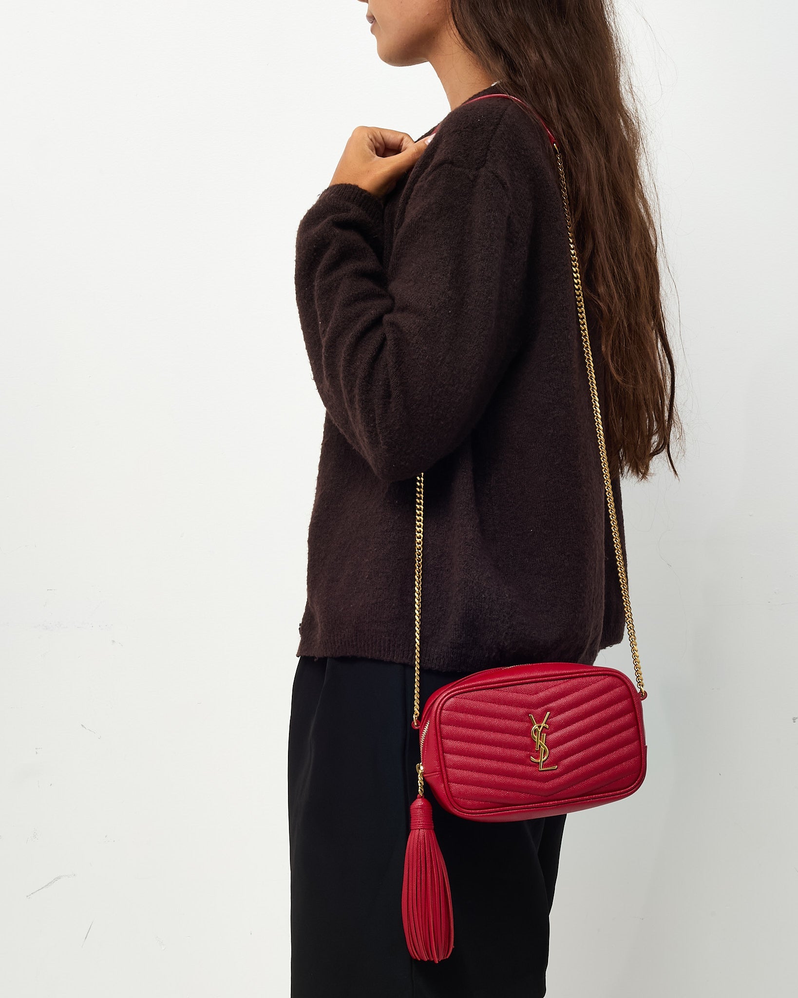 Saint Laurent Red Chevron Grain De Poudre YSL Mini Lou Chain Crossbody Bag GHW